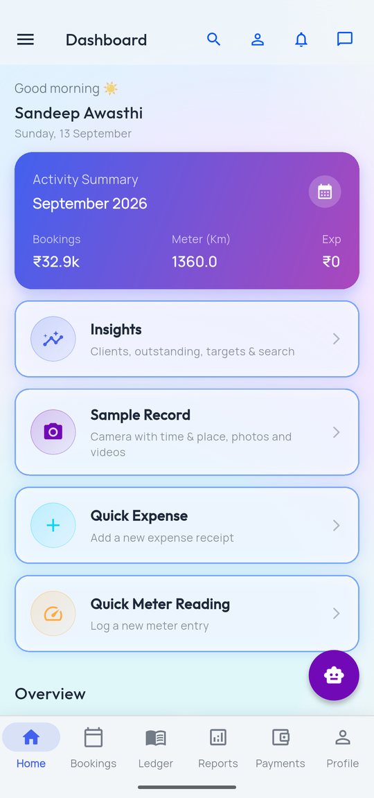 Field app home screen: this month's bookings, kilometres and shortcuts