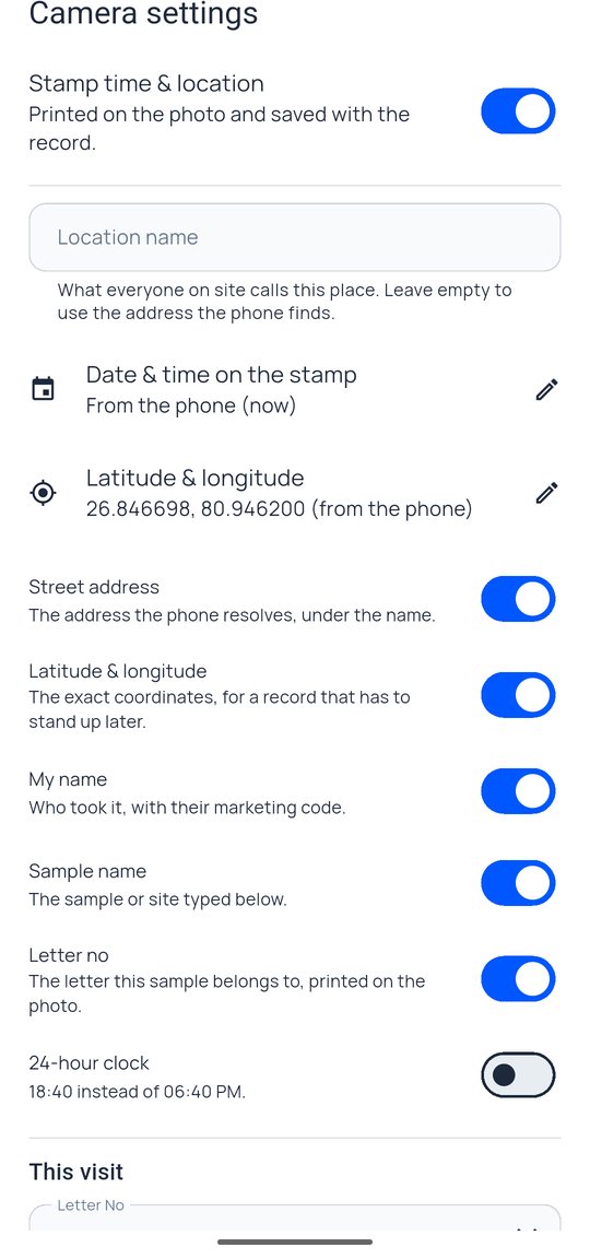 Camera settings: stamp lines, location name, date and coordinates