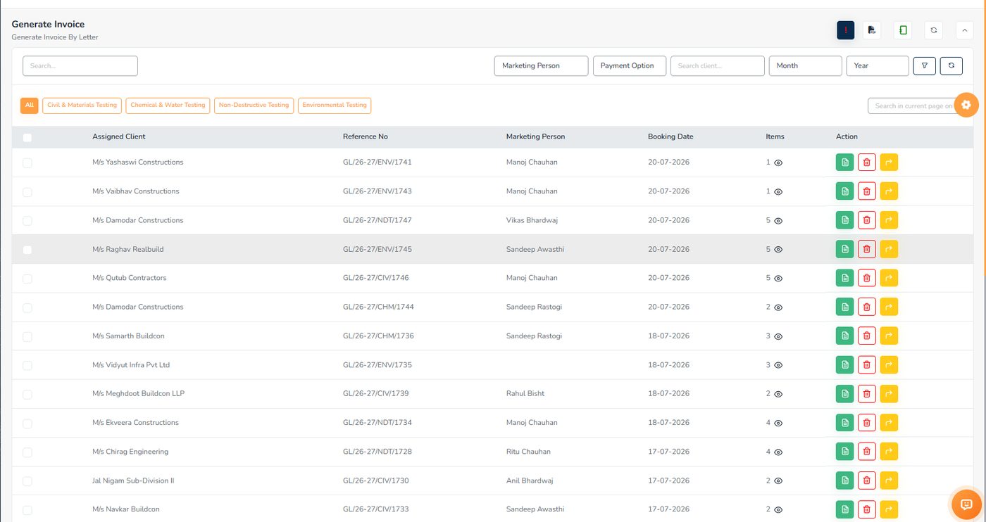 Generate Invoice screen