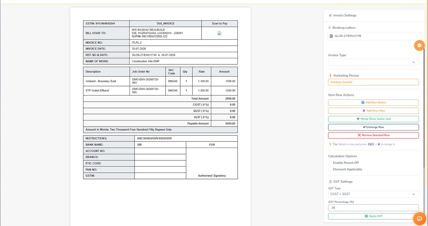 Invoice preparation screen