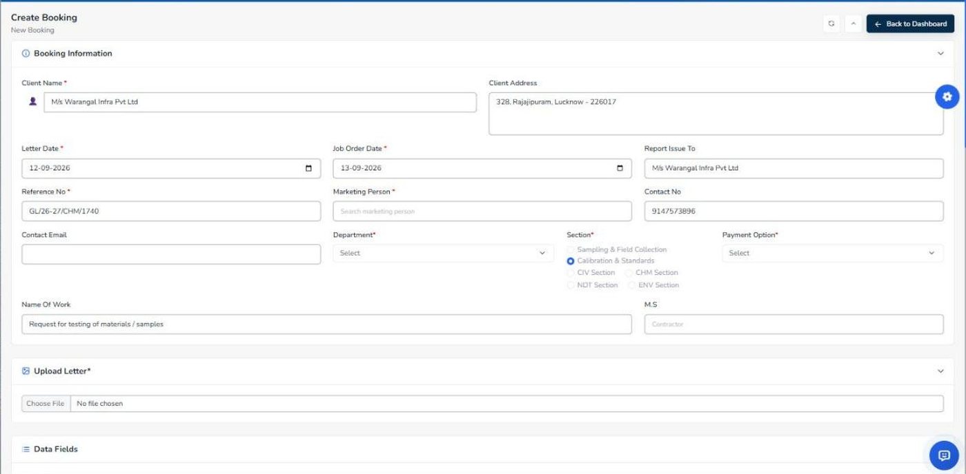 Booking form filled from a letter