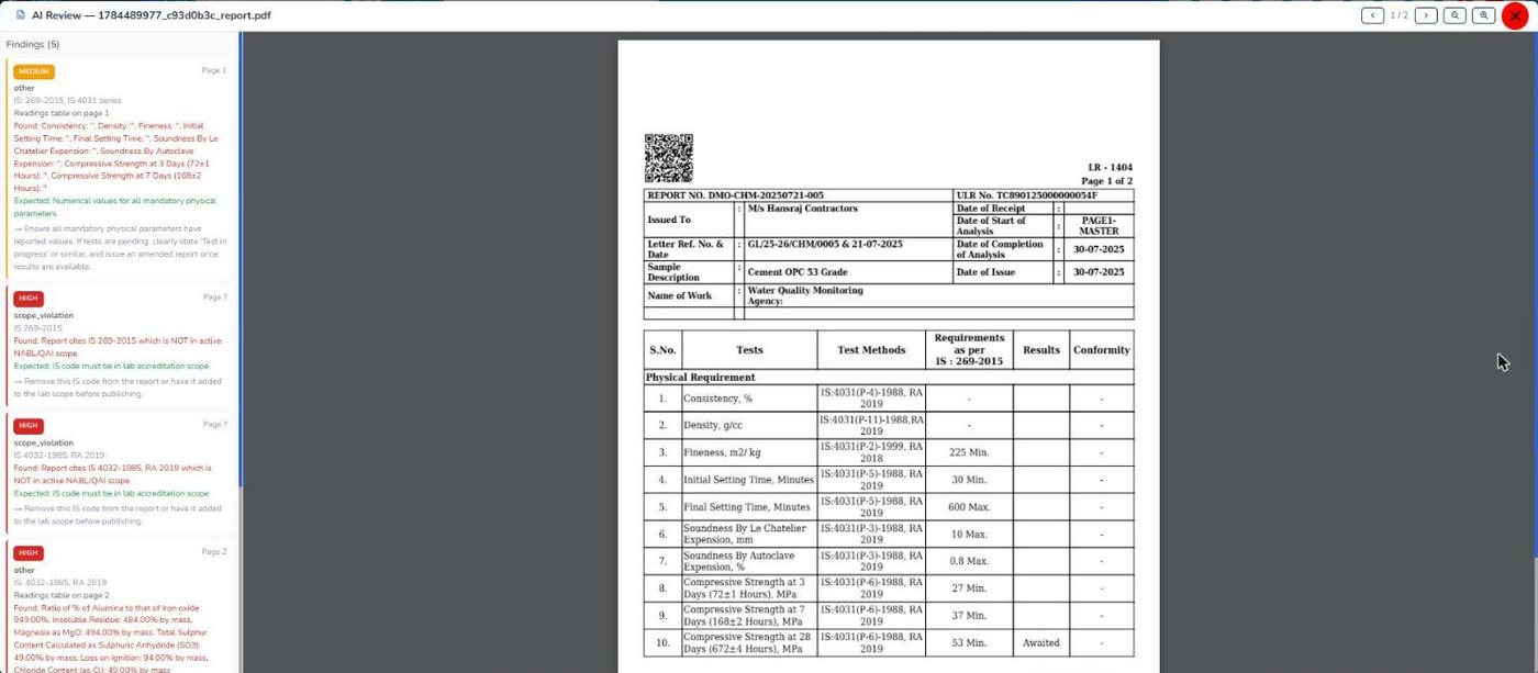 AI review findings beside a cement report