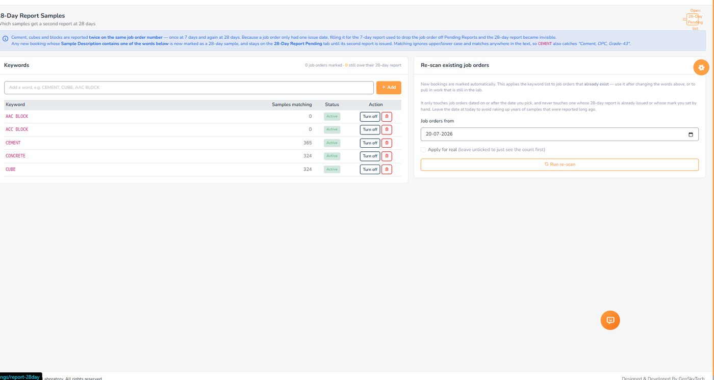 28-day report samples screen