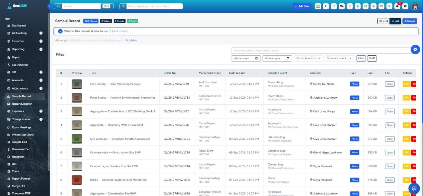Sample Record list in the web panel