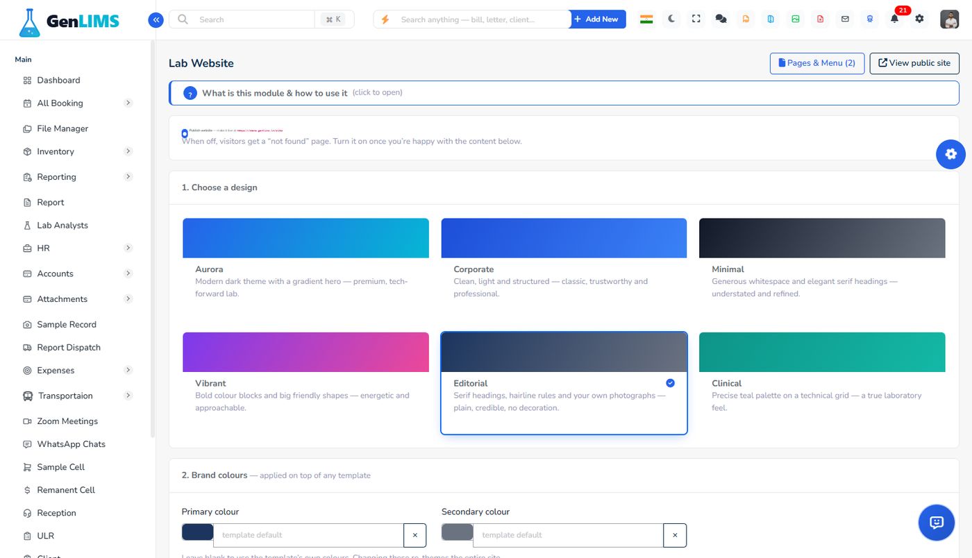 Lab Website settings with six design choices